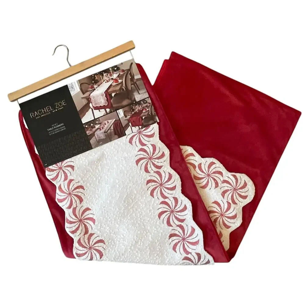 RACHEL ZOE Christmas 2pc Metallic Peppermint Border Table Runner Red White New